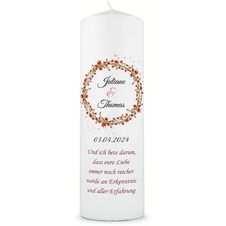 GRAVURZEILE Bedruckte Kerze - Traukerze Roter Mohn - Personalisiert mit Namen, Datum & Wunschtext - Geschenk für Paare zur Hochzeit zum Valentinstag - Hochwertige Stumpenkerze Weiß 250/80 mm