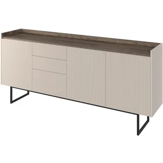Compleo Schubkastenkommode Kommode 3 Schubladen beige/eiche dunkel, dreitürig DENI, Sideboard mit Lamellen beige