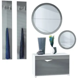 Vladon Garderoben-Set Espoo, (Flur Garderobe, mit Schuhbank, 2 Wandpaneel und 2 Runde Wandspiegel), Weiß matt/Grau Hochglanz grau