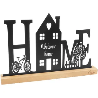 BlueXP Home Deko Aufsteller Metall mit Holzsockel Welcome Home Tischdeko Wohnzimmer Modernes Haus Design mit Fahrrad & Baum Stilvolle Regal Dekoration Geschenk zum Einzug Rustikale Wohn Deko