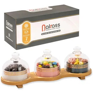 Nakass 3x Snackschalen Servierschalen Set aus Keramik mit 3x glasigen Deckels/Dessertschalen mit Bambus Holztablett als bunte Tapas Schalen Serviertablett Süßigkeiten Schale für Esstischdeko