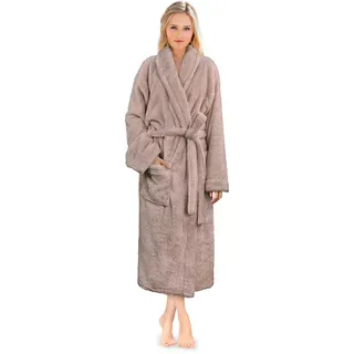 PAVILIA Premium Damen Plüsch-Bademantel flauschig warm Fleece Sherpa Shaggy, taupe, Small-Medium - S-M