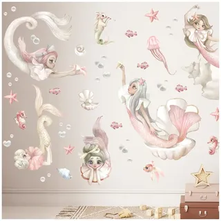 Wally Fox - Wandsticker Kinderzimmer Deko - Wandtattoo Babyzimmer - Kinderzimmer Deko Mädchen Wanddeko - 57 Aufkleber - Blau, Rosa, Lila, Grau, Meerjungfrauen XL