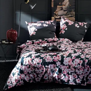 Apelt Mako-Satin Bettwäsche Blossom schwarz 135x200 cm + 80x80 cm - schwarz;pink