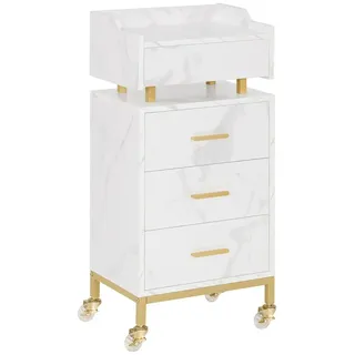 M MCombo Servierwagen mit Rollen & 4 Schubladen, Rollwagen Friseurwagen Weiß, Salon Trolley mit Ablage, Moderner Arbeitswagen für Bad Wohnzimmer, 30x40x86,5 cm, 0062
