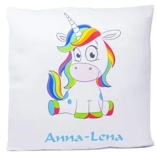 Kissen mit Namen Geburt Einhorn Regenbogen 40x40 cm inkl. Füllung Kuschelkissen, Kissen Farbe:Vorderseite weiß/RS beere
