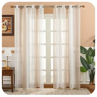 NUODWELL Gardine Voile Gardinen mit Ösen, 2er Set Halbtransparent Streifen Kurz Vorhang beige 140 cm x 175 cm