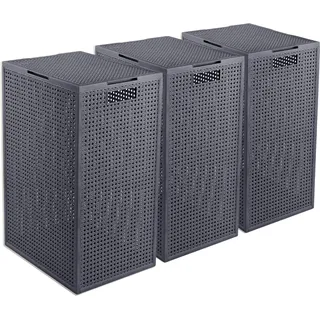 Curver Kaya Wäschekorb mit Deckel – 3er-Set – je 60 Liter – 38×29×58,5 cm – Anthrazit – Kunststoff – mit Belüftung