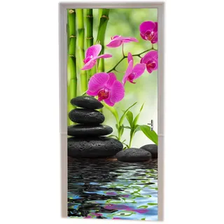 A.Monamour Türtapete Selbstklebend Türfolie Türposter 3D Grüner Bambus Rosa Orchideen Blume Schwarzer Spa Steine ​​Wasser Zen Vinyl Folie Türdeko Tapete Wandbild Türaufkleber Türtattoo 77 x 200 cm