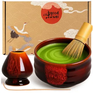 Goodwei Teeservice Matcha Teezeremonie Set "Akai" mit Schale, Besen (120) und Halter (4-tlg), 1 Personen, Keramik, handgearbeitet rot