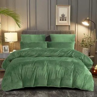 DXHOME Flanell Winter Bettwäsche 135x200cm Plüsch Grün Olivgrün Plüsch Warm Pastell Flanell Winterbettwäsche Microfaser Warme Wendebettwäsche Bettbezug mit Reißverschluss + 1 Kissenbezug 80x80 cm