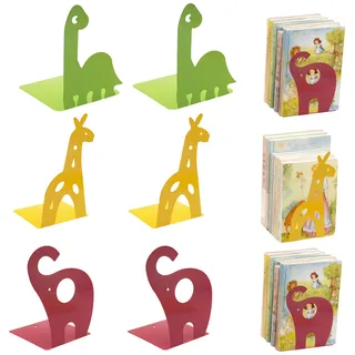 APKOL 6 pcs Metall Kinder Buchstütze, Elefant Dinosaurier Giraffen | Bücherstütze,Tier Buchstützen Organzier rutschfeste Bücherstopper Sicheren Abgerundete Kanten für Schule Zuhause,Blau Rot