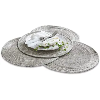 LOBERON Platzset 4er Set Barningham, Tischset mit Glitzerrand und aufgefädelten Perlen, glamouröses Design, Tischdekoration, Tischaccessoires, Baumwolle, Eisendraht, silber