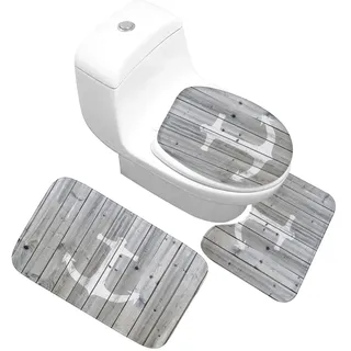 X-Life 3 Teilig Badematte Set im Ankermotiv Mikrofaserflanell Badezimmer Teppich rutschfest Badvorleger WC Vorleger mit Ausschnitt Toilettensitzabdeckung 50x80 cm