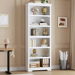 Garvee Landhaus Bücherregal 6 Ebenen Standregal MDF 60 × 29,5 × 190 cm | Mit verstellbaren Einlegeböden und Anti-Kipp-Sicherung – ideal für Wohnzimmer, Home Office & Arbeitszimmer, warmweiß