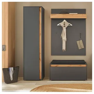 Lomadox Garderoben-Set CRISP-61, (Spar-Set, 3-St., Garderobenpaneel Schuhbank Garderobenschrank), in anthrazit mit Wotan Eiche Nb., mit Sitzkissen grau
