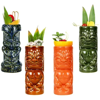Tiki Becher -Tiki Mugs - Cocktail-Set, 4 Stück, Keramik, Cocktailbecher, Tiki-Tassen, hawaiianische Party, niedliche, exotische Cocktailgläser, hawaiianische Tiki-Tasse,Q3