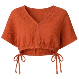 WENOR Crop-Top Musselin Bluse Cropped-Oberteil mit Tunnelzug und V-Ausschnitt Elastischer Bund mit Kordelzug, Überschnittene Schultern orange