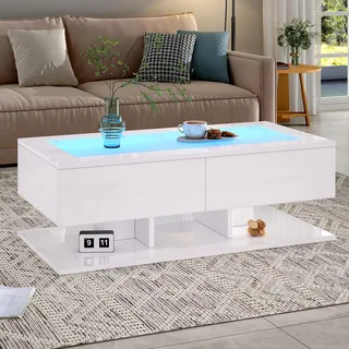 Merax Couchtisch Weiß, Wohnzimmertisch Hochglanz mit LED Beleuchtung, Modern Beistelltisch Kaffeetisch mit Transparente Glasplatte, Zwei große Schubladen, rechteckiger Mitteltisch, Sofatisch für Büro