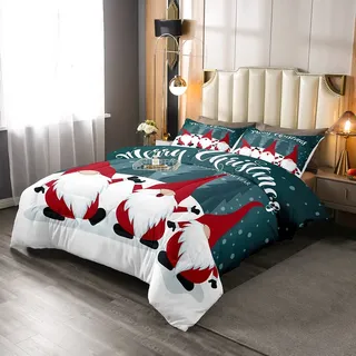 Homewish Merry Christmas Bettdecken rot skandinavisch Weihnachten Weihnachtswichtel Bettwäsche Sets 155x220 cm für Kinder Jungen Mädchen Familie mit 2 Kissenbezüge Schlafzimmer Heimdekor