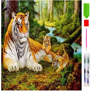 Realb2b Malen nach Zahlen 5d Diamond Painting Tiger Familie Malen nach Zahlen 30x40cm (Komplettset für 5D Diamond Painting inklusive Leinwand, Diamanten und Werkzeugen, Diamond Painting Set mit Zubehör für DIY-Kreativität und Entspannung), 30x40cm 5D Diamond Painting mit präziser Klebeschicht & Zubehör