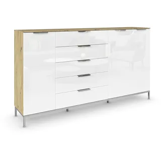 Rauch Möbel Flipp, Kommode, Farbe Glas Weiß/Eiche Artisan, Breite 199 cm | Sideboard, 3-türig, 5 Schubladen, Glasfront, Soft-Close, Griffe, Metallkufe Chrom, für Schlafzimmer, Gästezimmer, Wohnzimmer