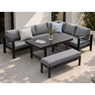 MeXo Gartenlounge-Set XXL Gartenmöbel Set Aluminium für 6-8 Personen, (Dining Loungeset Outdoor, 5-tlg., mit 12 cm dicken Sitzkissen, pflegeleichte Polywood-Tischplatte), wetterfeste Ecklounge mit Esstisch schwarz
