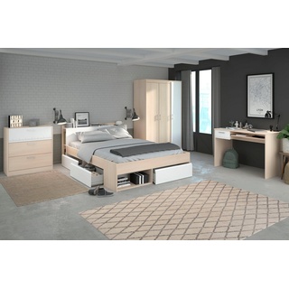 Parisot Jugendzimmer-Set Most, (Set, 4-St., Bett mit Schubkästen, Kleiderschrank, Schreibtisch, Schubkastenkommode) beige|weiß