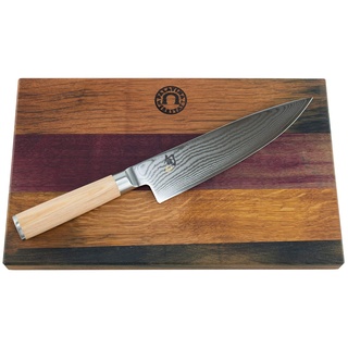 Kai Shun Classic White Set | DM-0706W Kochmesser | 20 cm Klinge aus 32-Lagen Damaststahl | ultrascharfes Japan Messer | + großes Schneidebrett aus Fassholz (Eiche) 30x18 cm | VK: 259,95 €