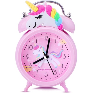 TCJJ Leiser Nachttisch-Wecker, batteriebetrieben, Nicht tickend, rosa Einhorn-Uhr für Mädchen-Schlafzimmer, Schreibtisch, Klassische Laute Doppelglocken-Uhr mit Hintergrundbeleuchtung