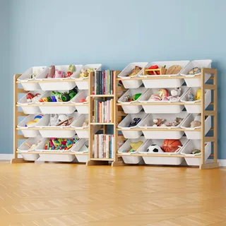 SpaceAid Kinderregal mit 24 Boxen, Spielzeug Aufbewahrung, Weiß | Kinder Bücherregal, Spielzeugregal mit 3 Regalen, Kinderzimmer Möbel für Schlafzimmer, Raumdekoration, 188 x 80 x 34.5 cm