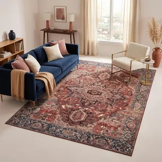 TAPISO Ispahan Teppich Orientalisch Klassisch Vintage Blumenmuster -bedruckter Teppich mit Antirutsch- Dunkelrot Blau Wohnzimmer Schlafzimmer Oeko-Tex 80 x 250 cm