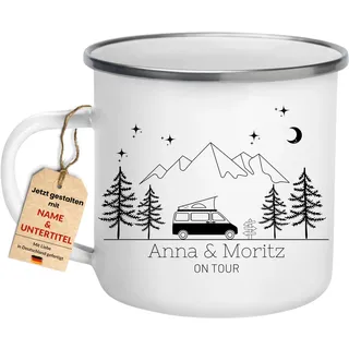 Little Mathilda Emaille Tasse Camping personalisiert mit Namen Campervan Camper Geschenke Wohnmobil Zubehör Camping Geschirr BPA FREI Camping Tassen Campingvan schwarz