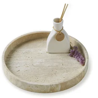 PHINILUX Travertin-Marmor-Tablett, rundes Ottoman-Tablett, minimalistisch, modern, dekorativ und Obst-Servierplatte für Badezimmer, Küche, Nachttisch, Couchtisch, Schmuck-Ringschalenhalter, Beige