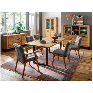 Lomadox Esszimmer-Set KUMASI-06, (Spar-Set, 4-St., Sideboard Vitrine Highboard Esstisch), mit Esstisch 180x100cm, Eiche teilmassiv, inkl. LED-Beleuchtung braun