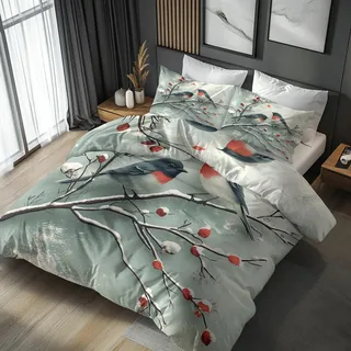 Generisch Bettwäsche 135x200 Winter Schnee AST Vogel - Schlafzimmer Deko Bettbezug 135 x 200 2tlg Baum Rote Beeren Vögel Muster, 1 Kissenbezug 80x80, mit Reißverschluss, Weich Mikrofaser YR#176