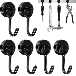 Kisstta 6 Stück Magnethaken Extra Stark, 20mm Neodym Magnete Extra Stark Hält 15kg, Drehbar Schwarz Magnet Haken zum Aufhängen Gadgets, für Decke, Küche, Büro, Grillständer, Garage