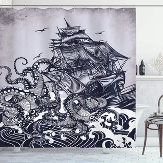 ABAKUHAUS Nautisch Duschvorhang, Krake und Schiff im Sturm, mit 12 Ringe Set Stielvoll Modern, 175x200 cm, Indigo Purpleblue