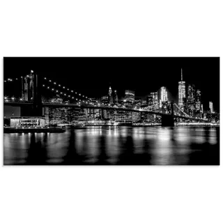 ARTland Wanddeko Glasbilder Wandbild Glas Bild einteilig 60x30 cm Querformat New York Amerika Foto Schwarz Weiß Manhattan Skyline Brooklyn Bridge Impressionen bei Nacht T0EL