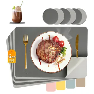 HELI MIAO Tischsets Abwaschbar,Platzsets Abwischbar,Tischset Leder,Hitzebeständig Doppelseitigen I 6er Set Platzdeckchen Lederoptik mit Untersetzer,Tischuntersetzer,Platzdecken(Anthrazit+Hellgrau)