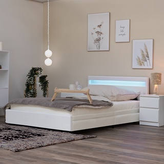Home Deluxe LED Bett NUBE mit Schubladen und Matratze - Farbe: weiß, Größe: 140 x 200 cm, Ausführung: mit Matratze