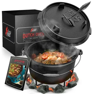 BBQ Dutch Oven [Das Original] - 10,8 Liter Dutch Oven Set mit Topfständer & 2,2 Liter Deckel mit Doppelfunktion zusätzlich als Grillpfanne nutzbar – inkl. Deckelheber und E-Book
