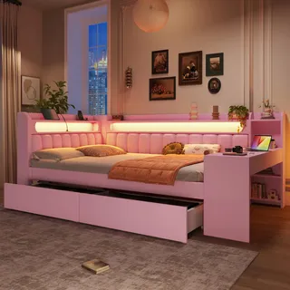 BTM Jugendbett 140x200 mit Schreibtisch Gepolstertes Tagesbett mit Schubladen USB und LED-Gürtel, Kinder Stauraumbett, Daybed Rosa
