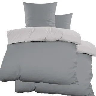 KH-Haushaltshandel Bettwäsche 4tlg. Renforce Wende Bettwäsche 2x(135x200+80x80cm), uni, Renforcé, 4 teilig, eine Seite grau, die andere silbergrau, einfarbig, 100% Baumwolle grau|silberfarben