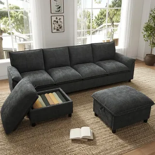 STILVORA Cloud-Sofa U-Form als modulares Ecksofa mit Deep-Seat-Design, U-Sofa mit 2 beweglichen Fußhockern, Wohnlandschaft mit hoher Rückenlehne ... - Schwarz