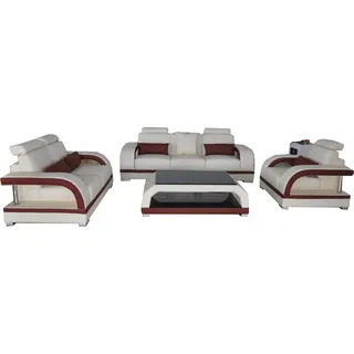 Sofa Couch Leder Polster Sitz Couch Garnitur 3+2+1 Tisch Set Design Sofas Neu - Orange