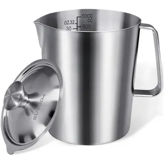 luxuskollektion Messbecher Edelstahl 1000ml/32oz, ANVINKU 304 Edelstah Messbecher mit Deckel, Rührbecher, Measuring Cup mit Griff fur Milchkännchen, Kaffeekanne