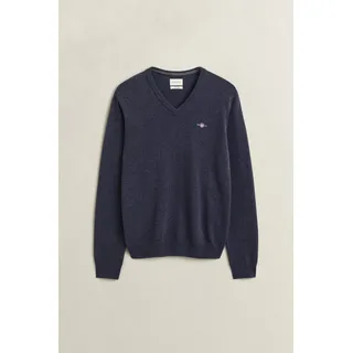 V-Ausschnitt-Pullover GANT "SUPERFINE LAMBSWOOL V-NECK", Herren, Gr. M, blau (schwarz navy melange), Strick, Obermaterial: 100% Wolle, normal, V-Ausschnitt, Rippbündchen, Pullover, regular fit aus reiner Wolle, gerippte Abschlüsse