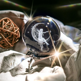 HDCRYSTALGIFTS 60 mm (2,3 Zoll) Kristall Mond Fee dekorative Kugel Figur 3D Lasergravur Elfe Kristall Vollkugel mit Ständer Glas Briefbeschwerer Tischdekoration Geschenk für Mädchen
