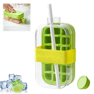 Cxqbsmy 2-in-1 Eiswürfelform mit Deckel und Strohhalm, Wiederverwendbare Silikon Eiswürfelbehälter & Flasche, Einfach zu Drückendes Mini Eiswürfelform für Cocktail, Kaffee, Tragbare Eiswürfelschalen